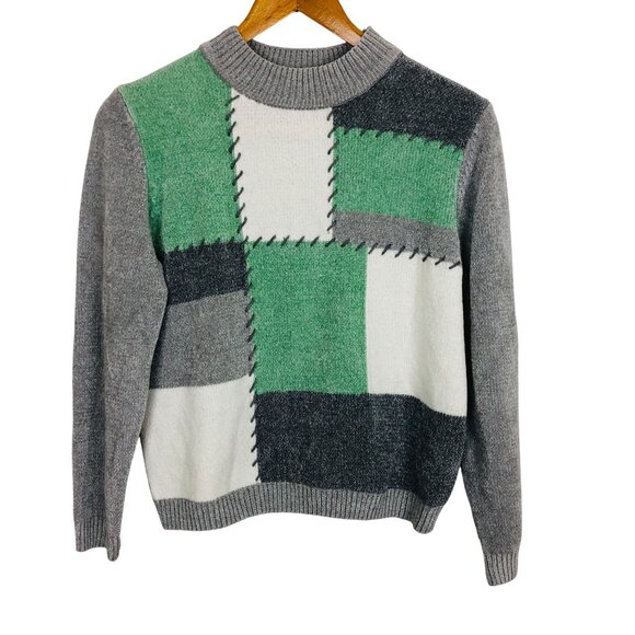 Alfred Dunner Vtg Patchwork Sweater Petite Large Acrylic Chenille Green Gray - Picture 1 of 10